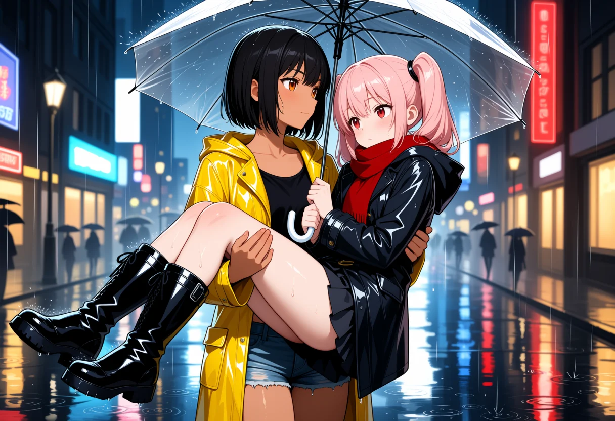 お姫様抱っこ × 雨の夜の街の2人ポーズのAIイラスト作例