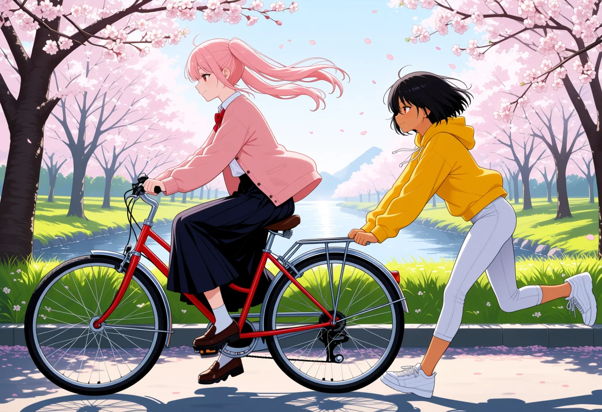 自転車の後ろを支える × 桜並木の川沿いの2人ポーズのAIイラスト作例