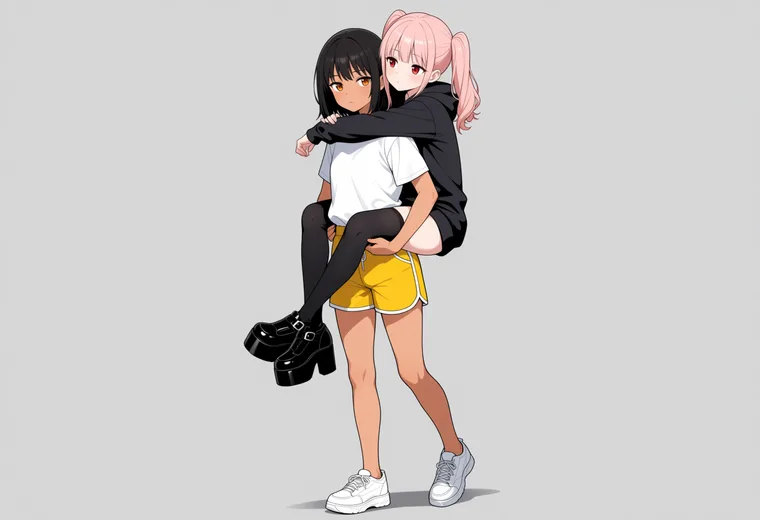 おんぶの2人ポーズのAIイラスト作例