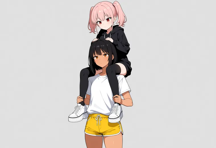 肩車の2人ポーズのAIイラスト作例
