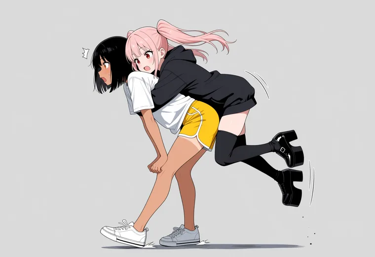 背中に飛び乗るの2人ポーズのAIイラスト作例