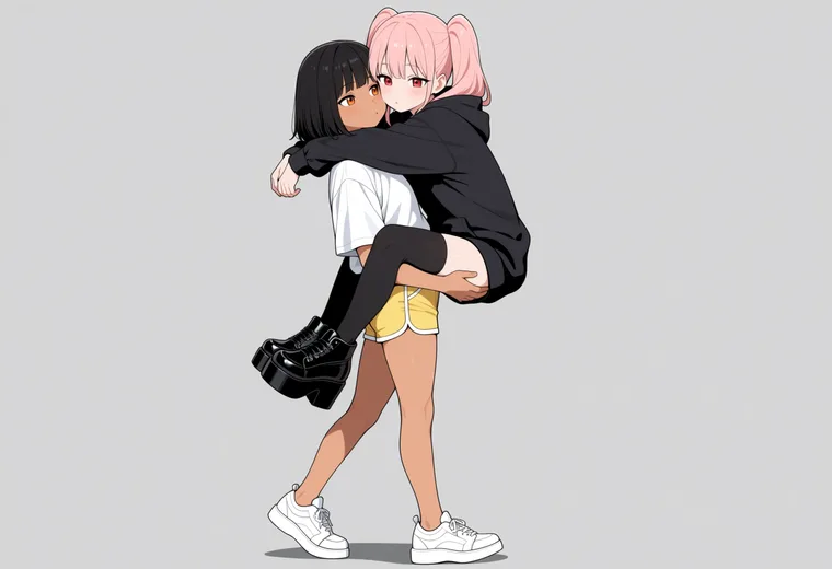前から抱きつかれたまま運ぶの2人ポーズのAIイラスト作例