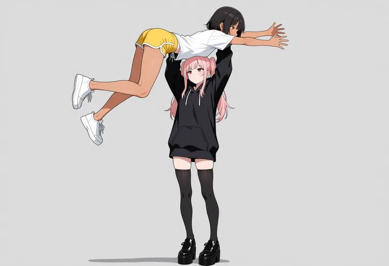 頭の上まで持ち上げるの2人ポーズのAIイラスト作例