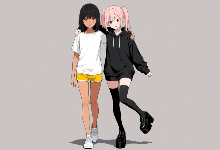 肩を貸して歩くの2人ポーズのAIイラスト作例