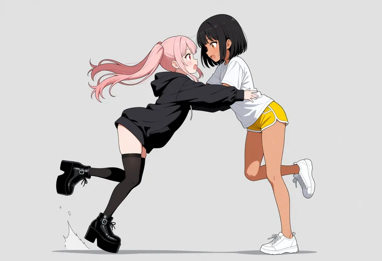 転びそうなところを支えるの2人ポーズのAIイラスト作例