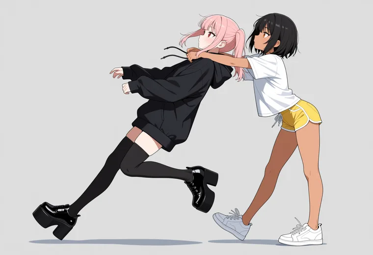後ろに倒れるところを受け止めるの2人ポーズのAIイラスト作例