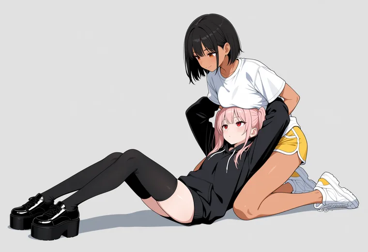 倒れた相手を抱き起こすの2人ポーズのAIイラスト作例