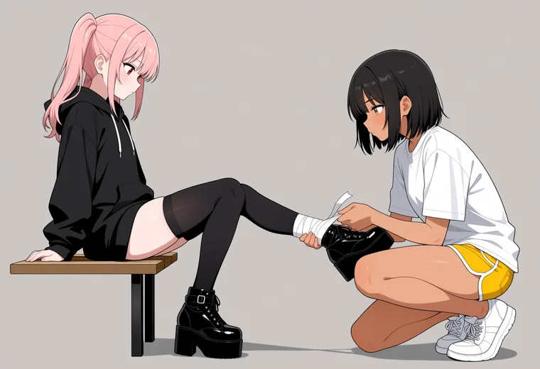 くじいた足首を手当てするの2人ポーズのAIイラスト作例
