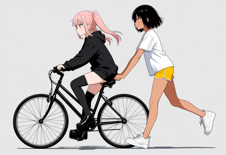 自転車の後ろを支えるの2人ポーズのAIイラスト作例